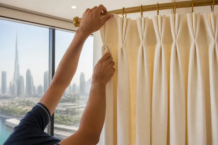 Clean curtains being rehung with even pleats by a window overlooking Dubai