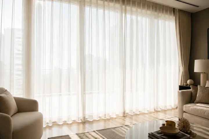 Clean sheer curtains back in place in a bright Dubai living room