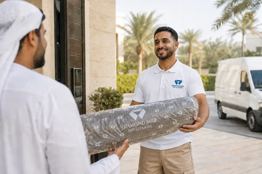 Diamond Stars technician in the official uniform returning a clean rug in a transparent branded cover