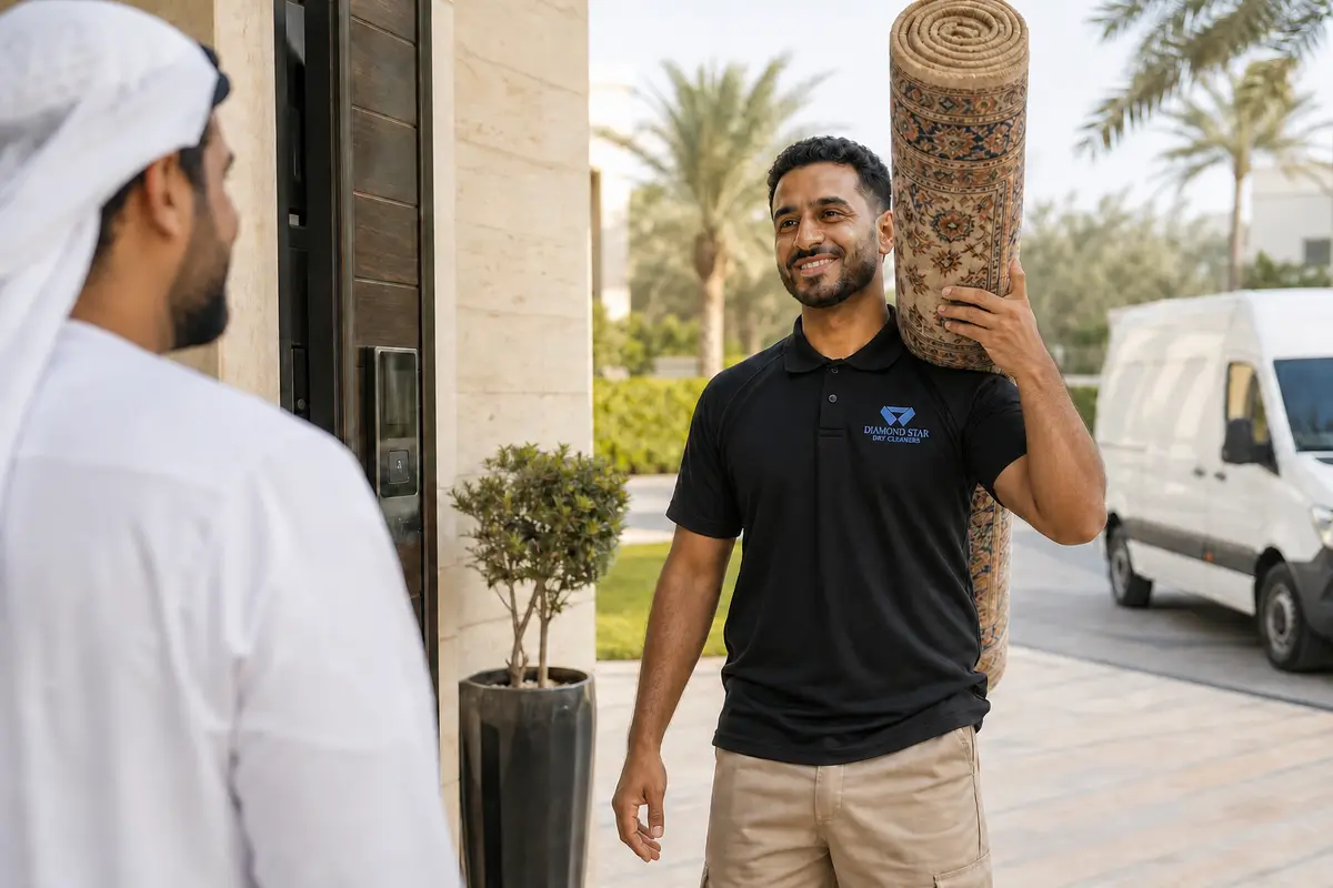 Diamond Stars technician in the official black uniform collecting a carpet from a customer