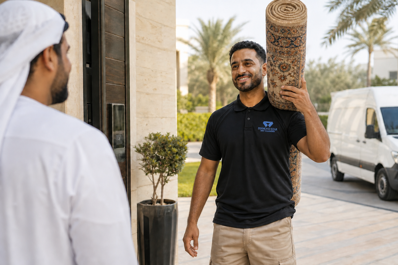Diamond Star technician in the official black uniform collecting a carpet from a customer