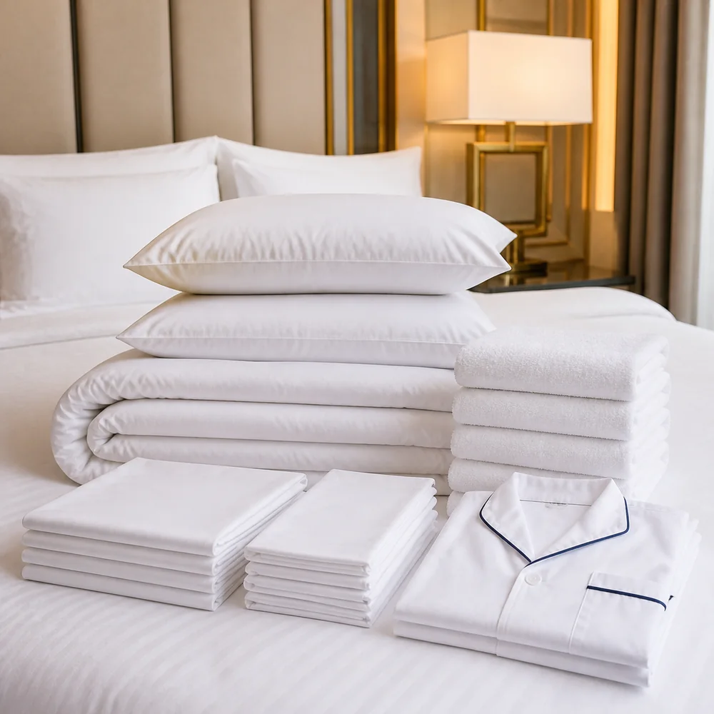 White bedding, folded linens and towels arranged in a hospitality room