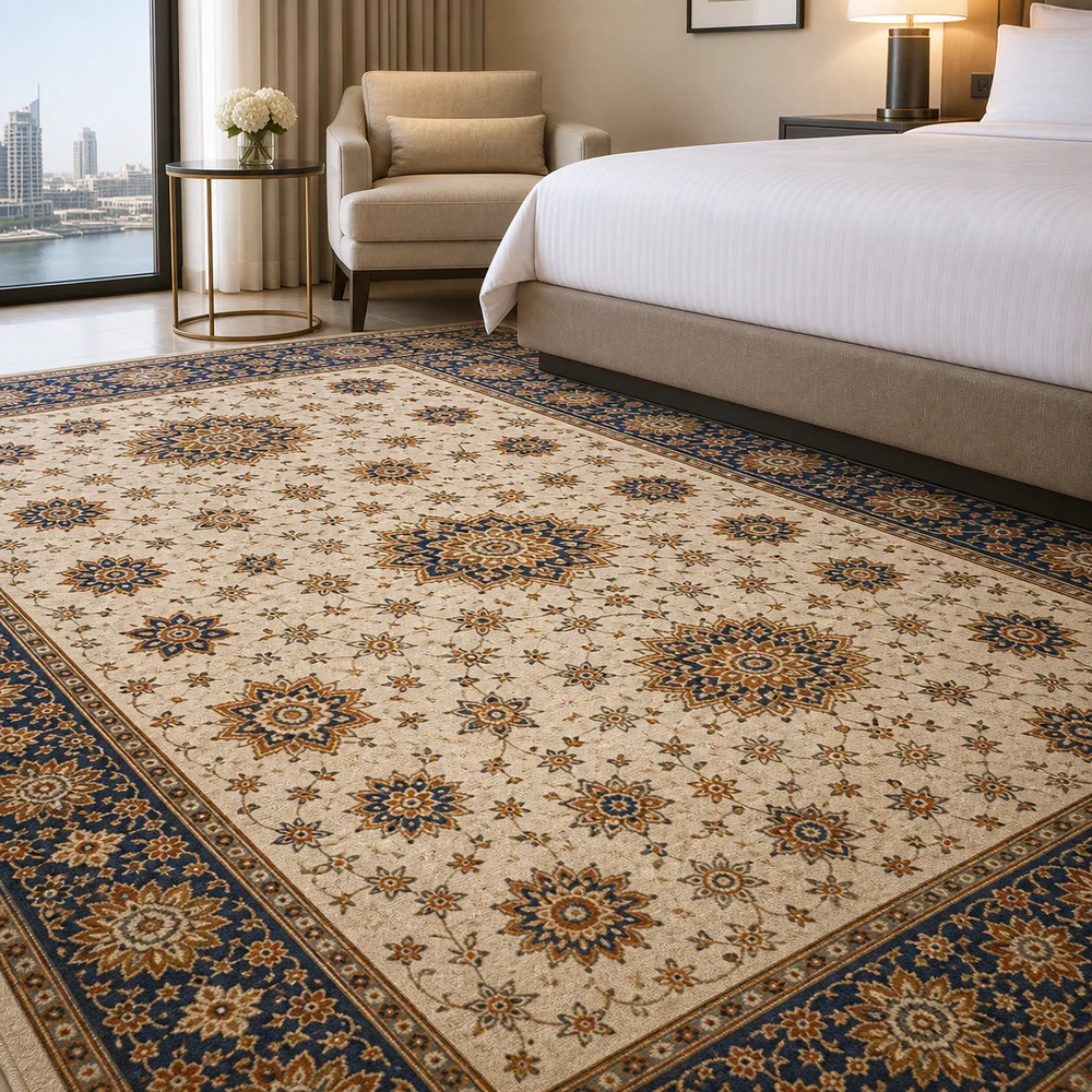 Patterned carpet in a bright Dubai guest room