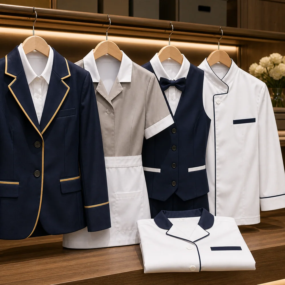 Professional service uniforms arranged on wooden hangers