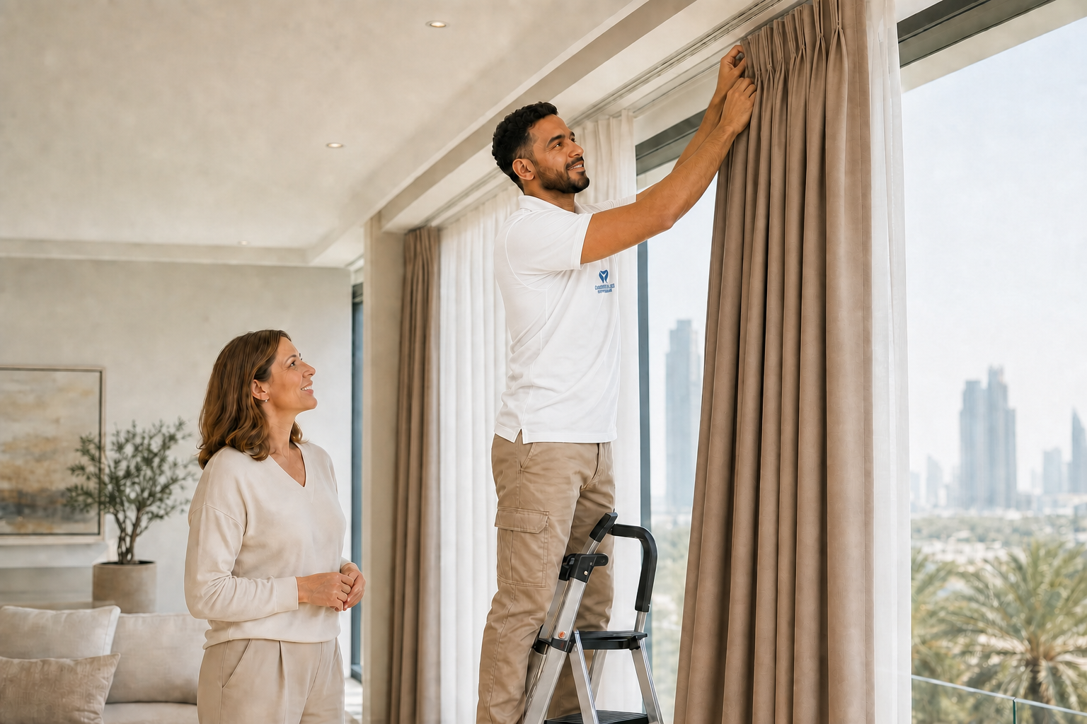 Diamond Star technician in the official uniform rehanging clean curtains