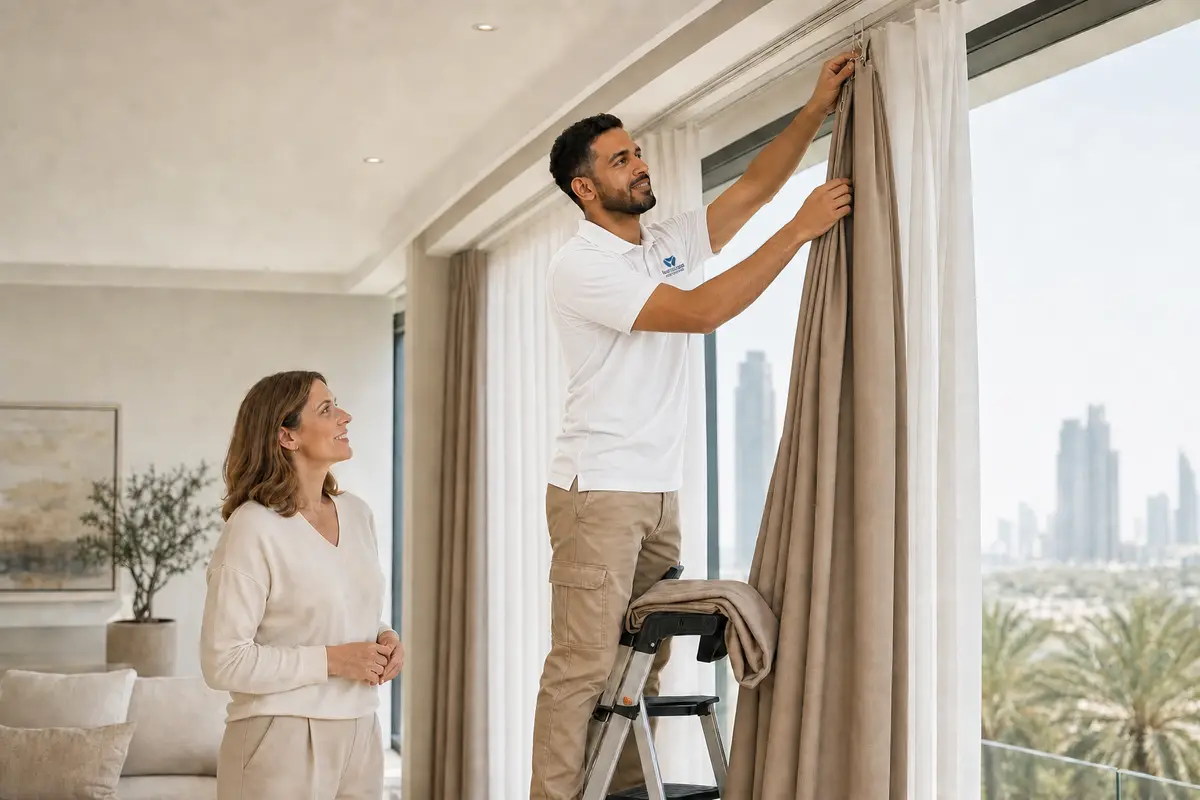 Diamond Stars technician taking down curtains for cleaning in Mirdif