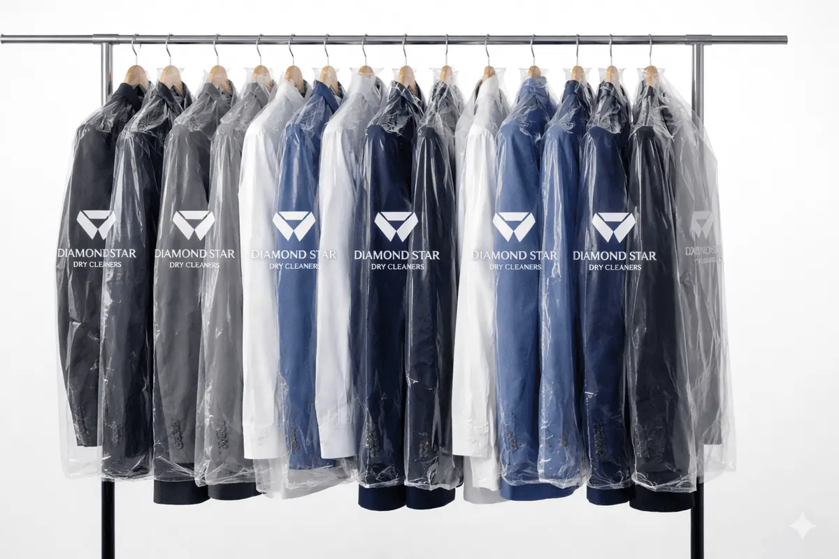 Diamond Stars transparent garment covers on a rack
