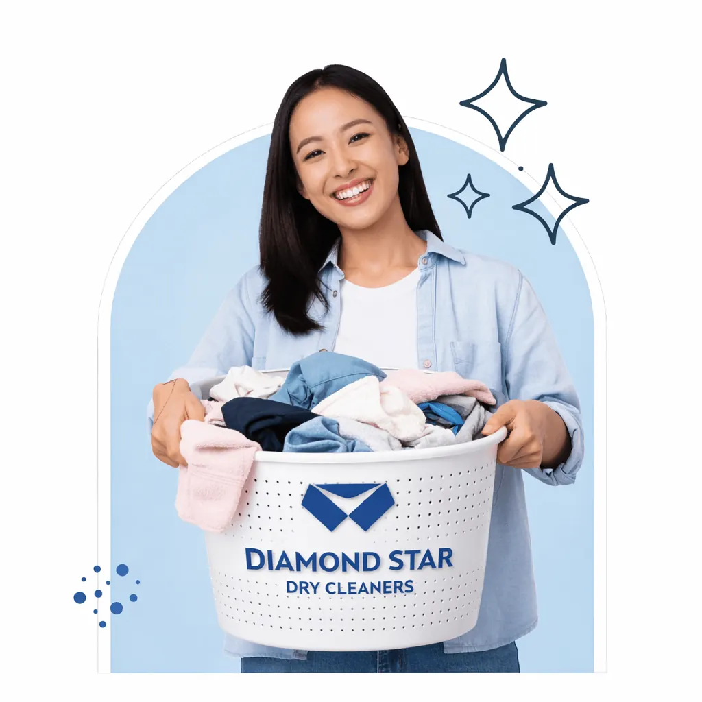 Smiling customer holding a basket of everyday laundry