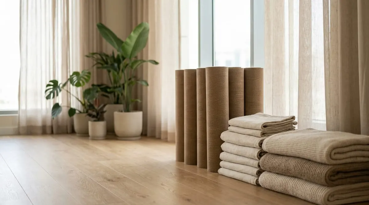 Folded blankets and towels prepared for a Dubai yoga studio