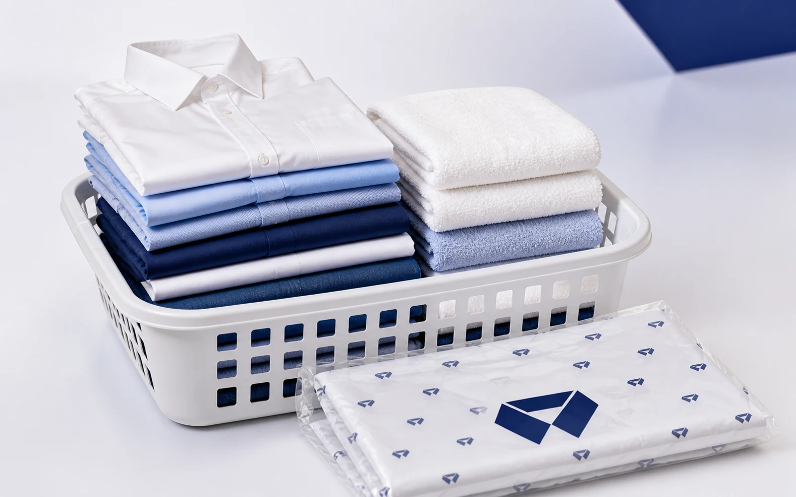Folded shirts in a basket next to a Diamond Stars laundry bag