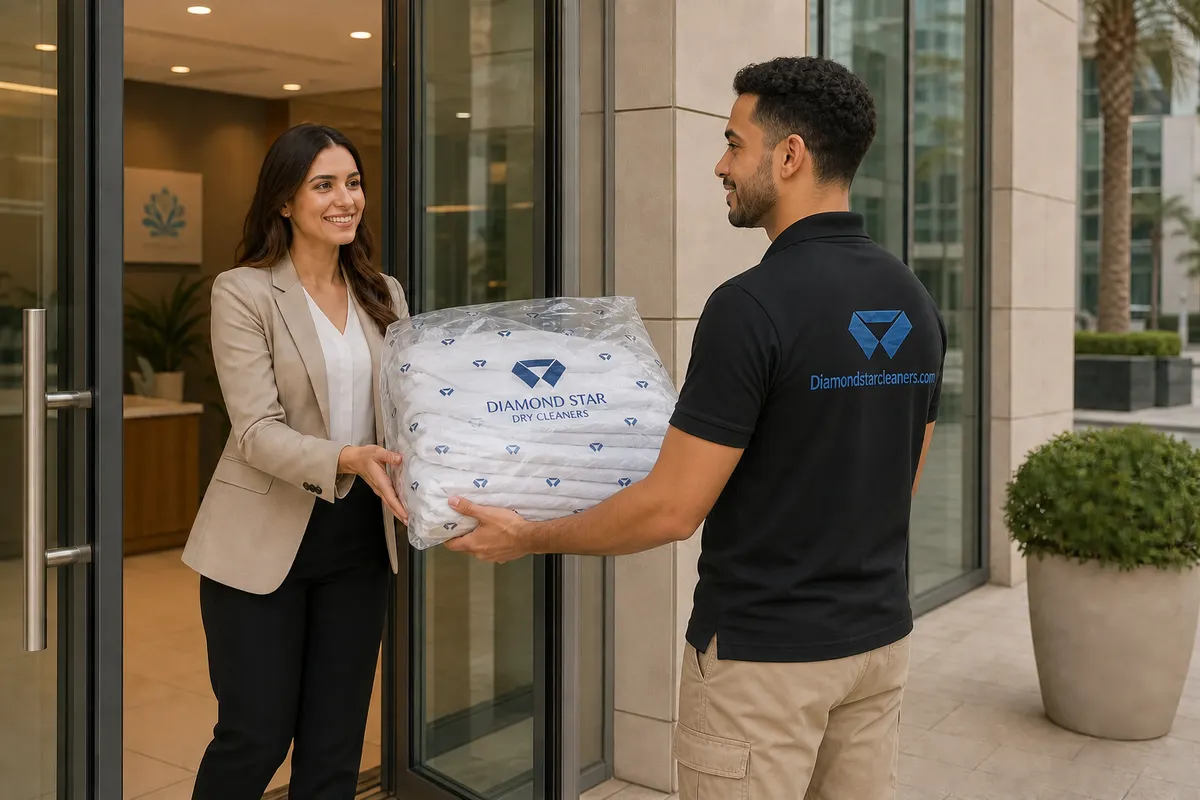 Diamond Stars team member handing protected business linens to a customer at a Dubai business entrance