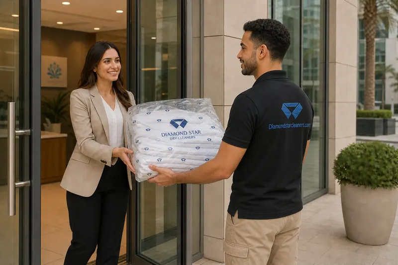 Diamond Stars team member in the official black uniform handing over a packed laundry bag at the door