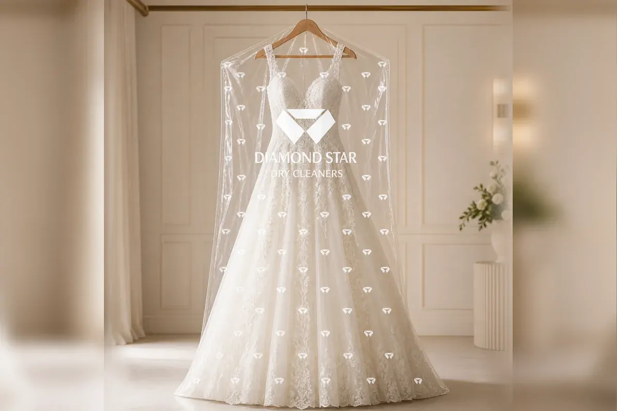 White wedding dress in a Diamond Stars protective cover